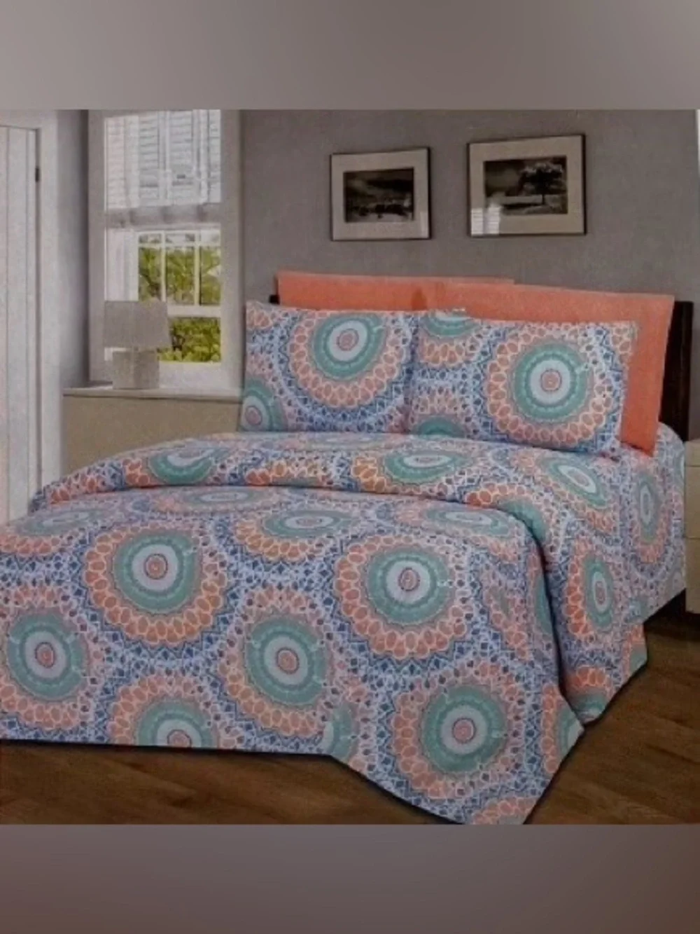 Glory Home Printed Medallion sheet Set in Coral and Teal - Bedding style #1095